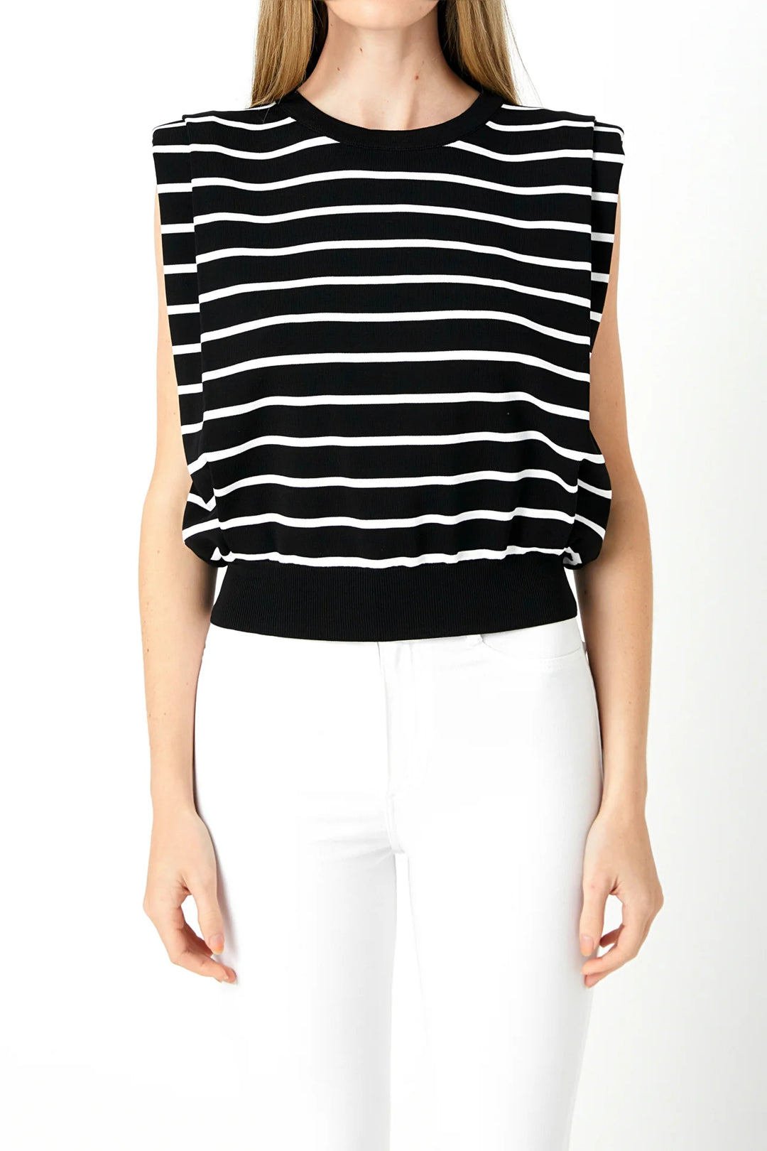 Stripe Sleeveless Pleated Knit Top-Black/White