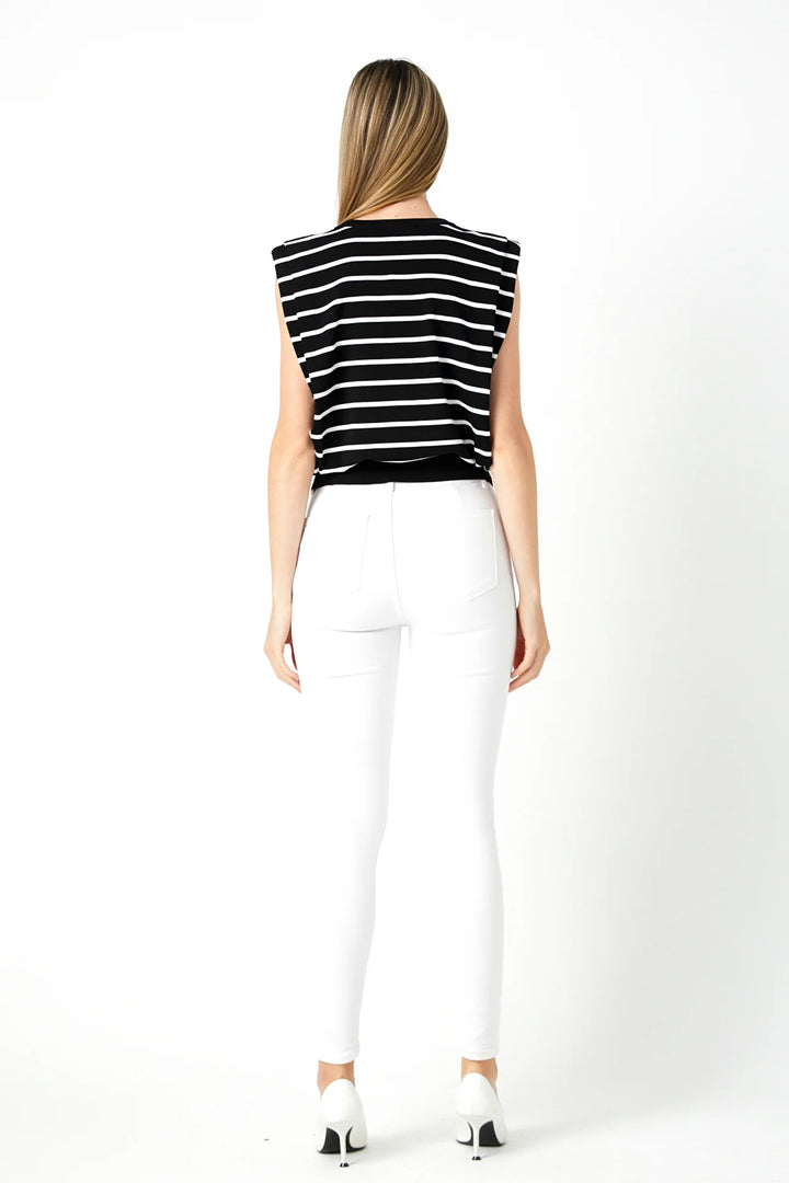 Stripe Sleeveless Pleated Knit Top-Black/White
