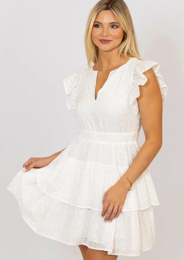 Eyelit V-neck Tier Dress - White