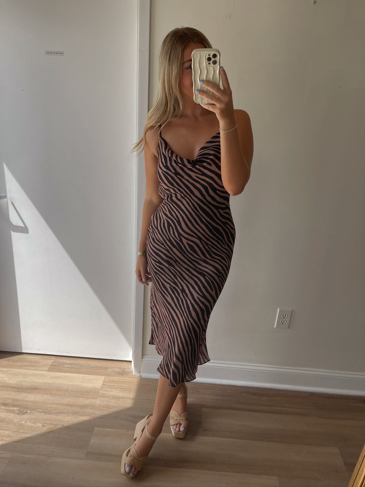 Jenni Animal Cowl Neck Slip Dress - Black/Camel