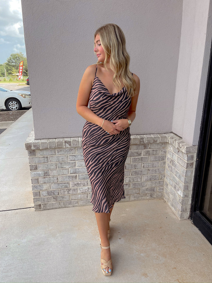 Jenni Animal Cowl Neck Slip Dress - Black/Camel