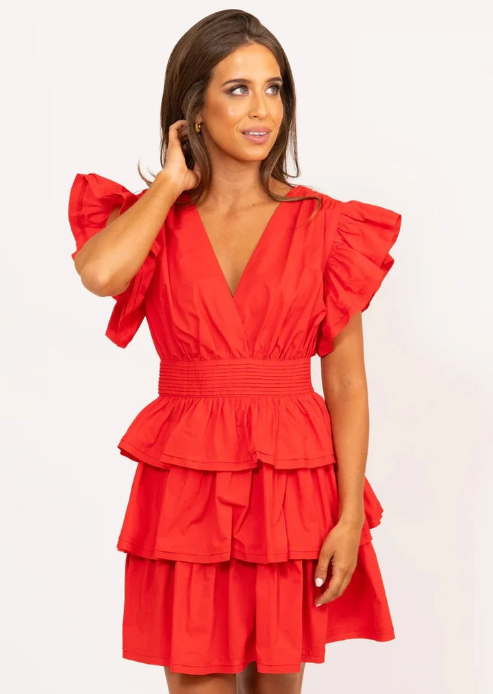 Karlie Wrap Ruffle Dress-Red